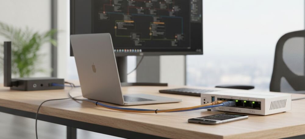 Na biurku znajduje się laptop, router z kilkoma podłączonymi kablami oraz smartfon. W tle widoczny jest monitor z wyświetlonym oprogramowaniem.