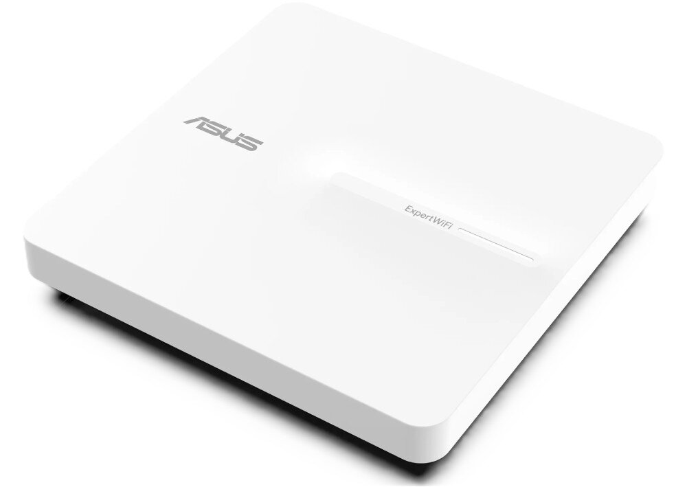 Punkt dostępu ASUS ExpertWiFi EBA63 Białe kwadratowe urządzenie sieciowe o zaokrąglonych rogach widoczne pod kątem na jednolitym jasnym tle
