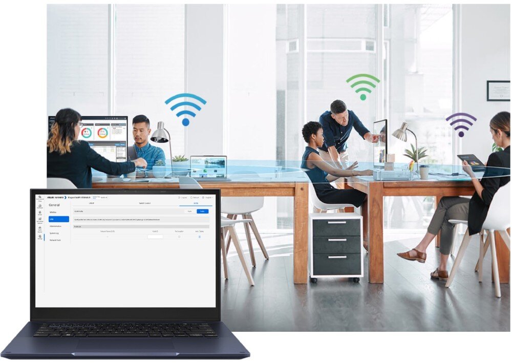 Punkt dostępu ASUS ExpertWiFi EBA63 Otwarty laptop wyświetlający panel administracyjny oprogramowania na tle biura z pracownikami i symbolami sygnału bezprzewodowego