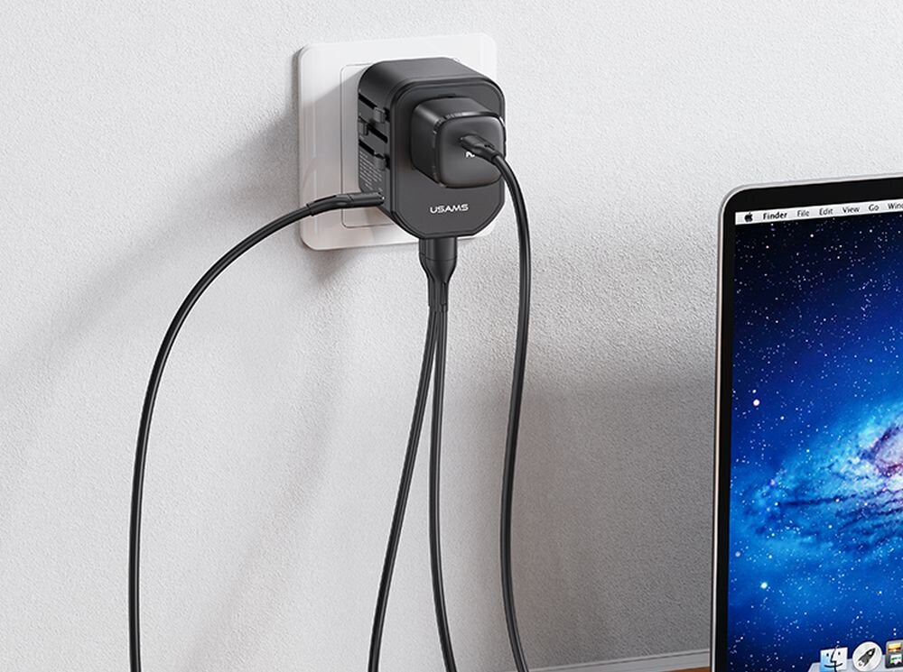 Ładowarka sieciowa USAMS T59 Czarny adapter, technologia szybkiego ladowania, kilka urzadzen, ładowarka wpięta do kontaktu zasila wiele urządzeń