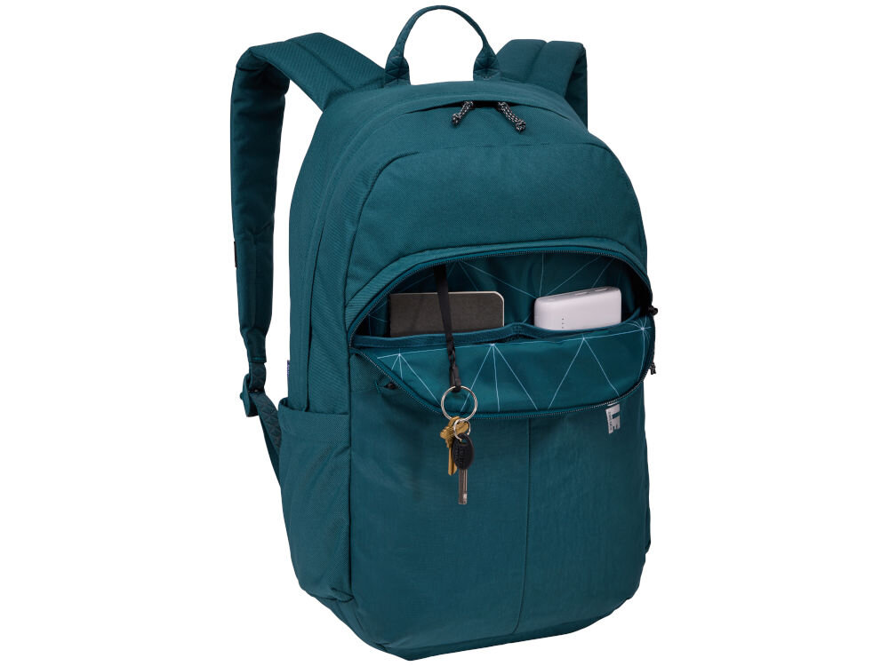 Plecak na laptopa THULE Indago 23L 15.6-16 cali zielony dodatkowe detale nadrukowane geometryczne wzory, trójkolorowe uchwyty zamków  
					wytłoczony wzór na pasach naramiennych i rączce do ciągnięcia funkcjonalność trwałość ekologia w jednym produkcie