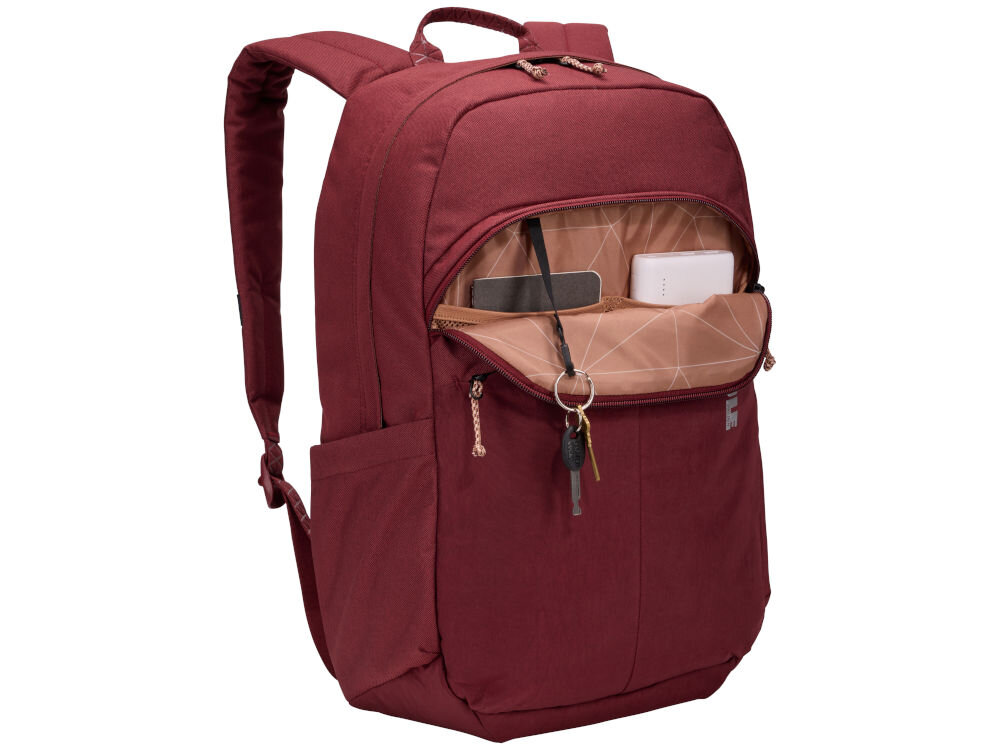 Plecak na laptopa THULE Indago 23L 15.6-16 cali Czerwony dodatkowe detale nadrukowane geometryczne wzory, trójkolorowe uchwyty zamków  
					wytłoczony wzór na pasach naramiennych i rączce do ciągnięcia funkcjonalność trwałość ekologia w jednym produkcie