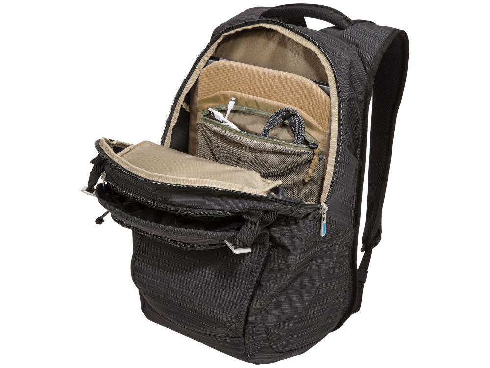 Plecak na laptopa THULE Construct 24L 15.6 cali Czarny przestrzeń na dokumenty oraz liczne przegródki na akcesoria paski ściągające zewnętrzne uchwyty zapinana na zamek siatkowana kieszeń