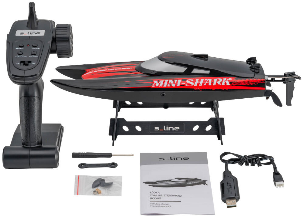 Łódź zdalnie sterowana S-LINE RCC601 elementy zestawu łodź stojak kabel do ładowania narzędzia montażowe