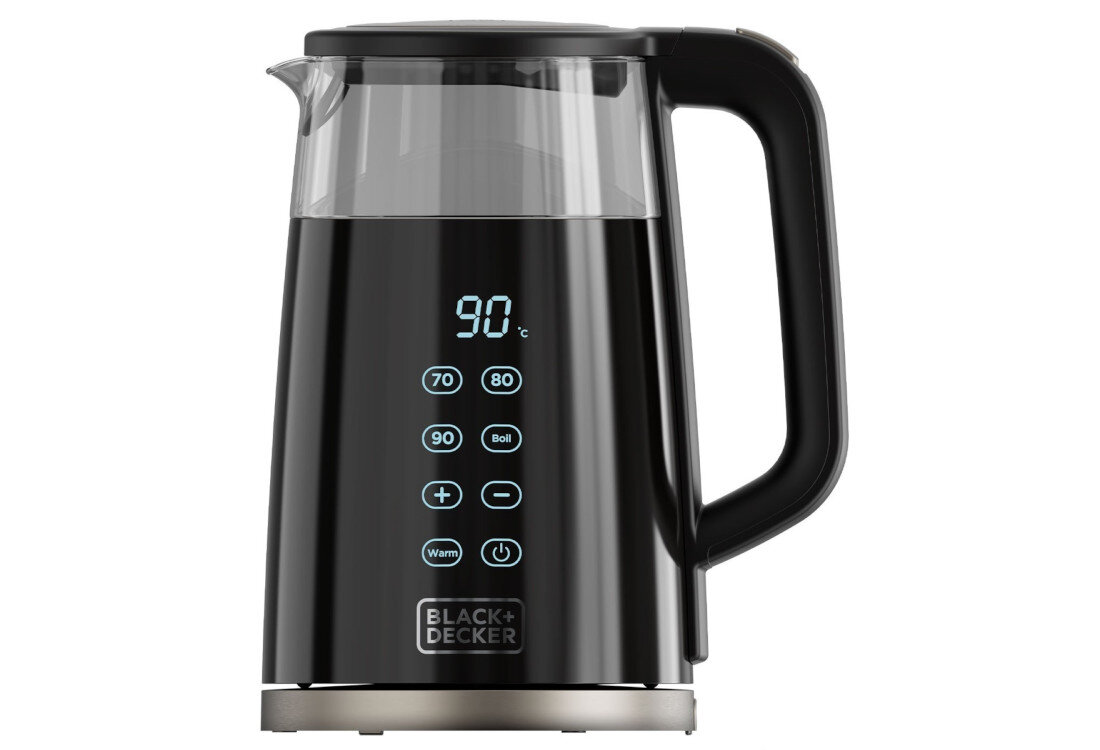 Czarny czajnik elektryczny z wyświetlaczem pokazującym temperaturę 90°C oraz przyciskami do regulacji temperatury i funkcji. Na dole widoczne jest logo \'BLACK+DECKER\'.