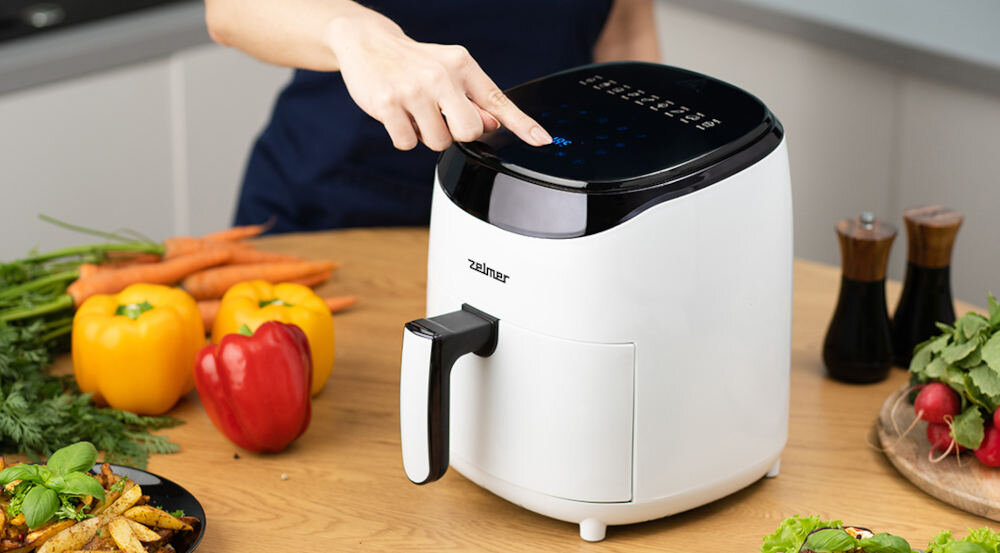 Frytkownica beztłuszczowa ZELMER ZAF3551W Air Fryer Panel sterujący obsługa dotykowa ułatwienie regulowanie czasu temperatura gotowe programy