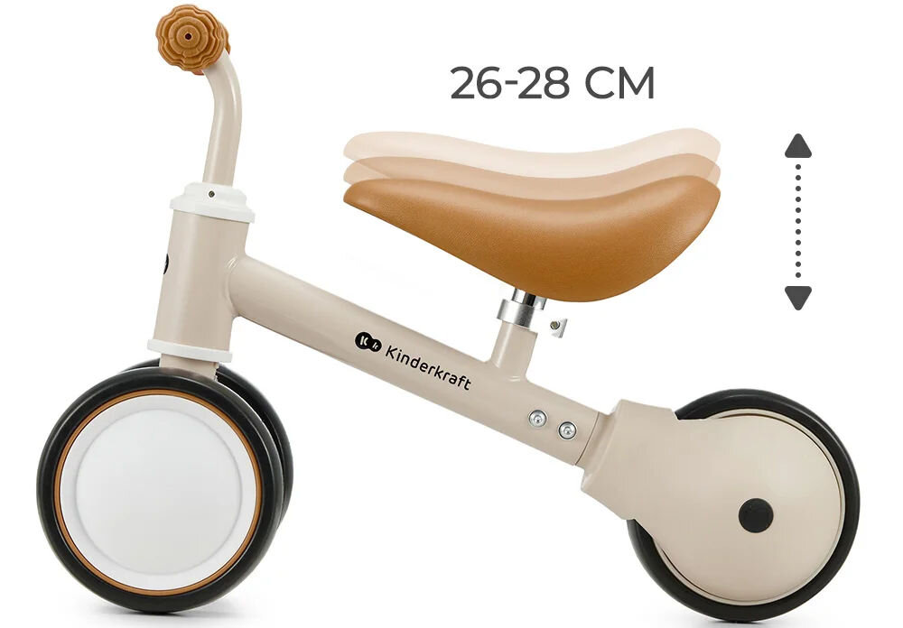 Kinderkraft rowerek biegowy CUTIE LIGHT BEIGE beżowy rowerek brązowe siodełko gumowe uchwyty przedstawiona regulacja białe tło rozwija się razem z Twoim dzieckiem Regulowane siodełko (zakres 26–28 cm) za pomocą praktycznego klucza imbusowego przez wiele lat wspieranie rozwoju motorycznego dziecka wyjątkowy komfort jazdy praktyczność troska o zdrowy rozwój dziecka
