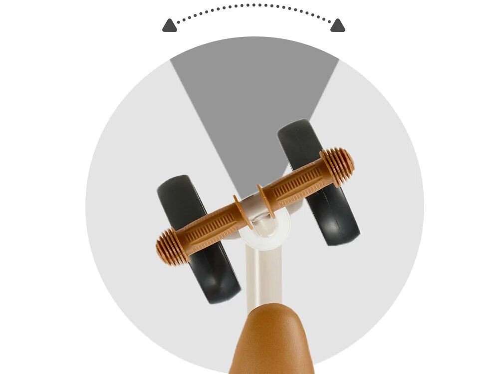 Kinderkraft rowerek biegowy CUTIE LIGHT BEIGE białe tło brązowe siodełko przedstawiony skręt kierownicy koła wykonane z pianki bez śladów na podłodze do użytkowania w domu funkcja blokady skrętu kierownicy tylne koło z łożyskami płynność jazdy wzmacnia trwałość całej konstrukcji