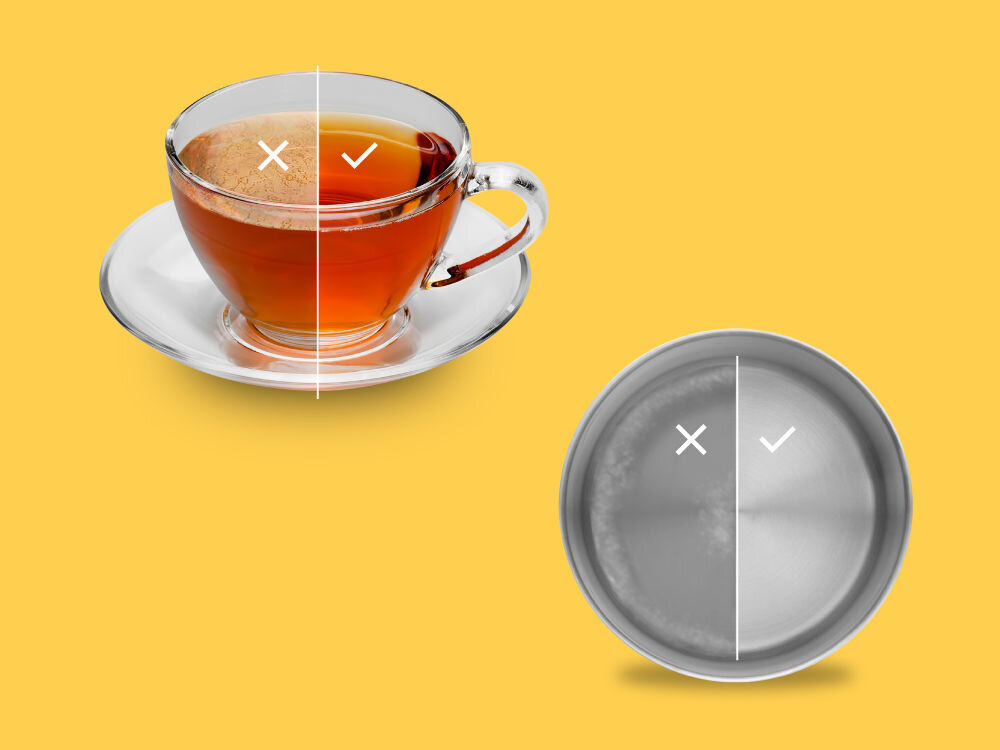 Wkład filtrujący PHILIPS AUT820/10 Porównanie herbaty i wnętrza czajnika – widoczny osad z twardej wody kontra czystość po filtracji PHILIPS.