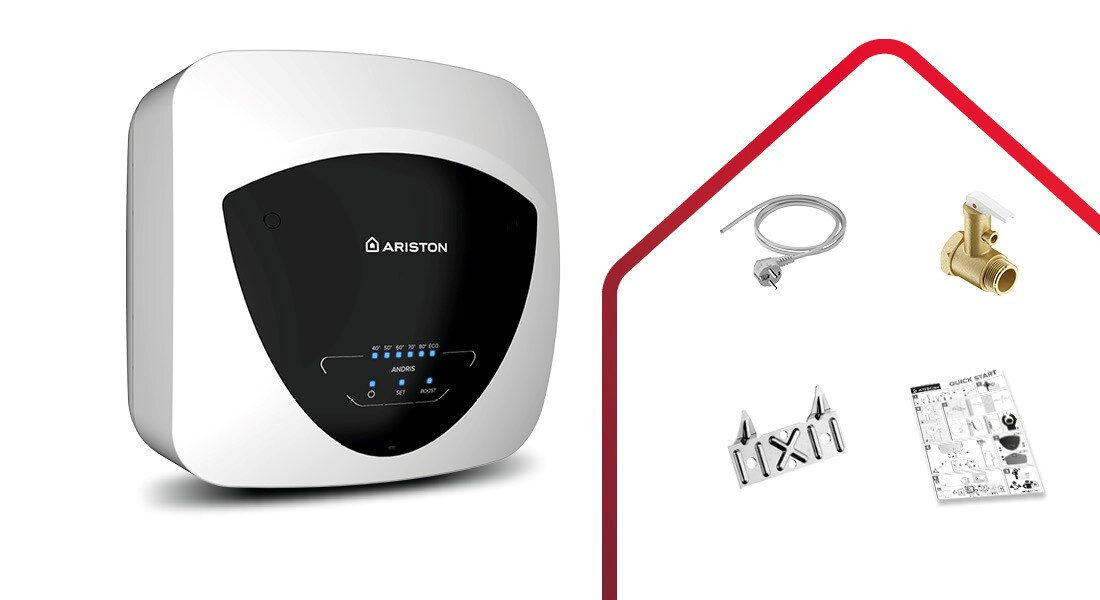 Bojler elektryczny ARISTON Andris Elite U 3105086 10 l Podumywalkowy Niezbędne akcesoria Kabel z wtyczką Zawór bezpieczeństwa Wieszak uchwyt montażowy Podręcznik