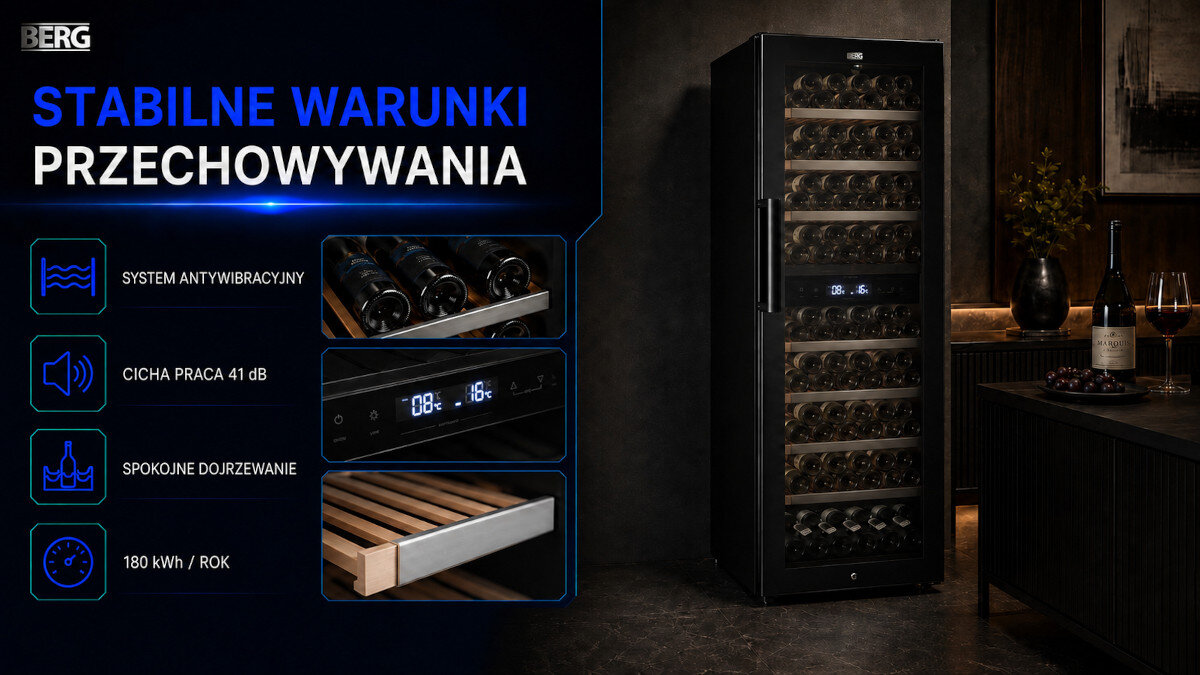 CHŁODZIARKA DO WINA BERG BRGWM193D Chłodziarka z systemem antywibracyjnym i cichą pracą 41 dB. Stabilne warunki do przechowywania wina system antywibracyjny cicha praca 41 dB stabilne przechowywanie dojrzewanie wina winiarka BERG
