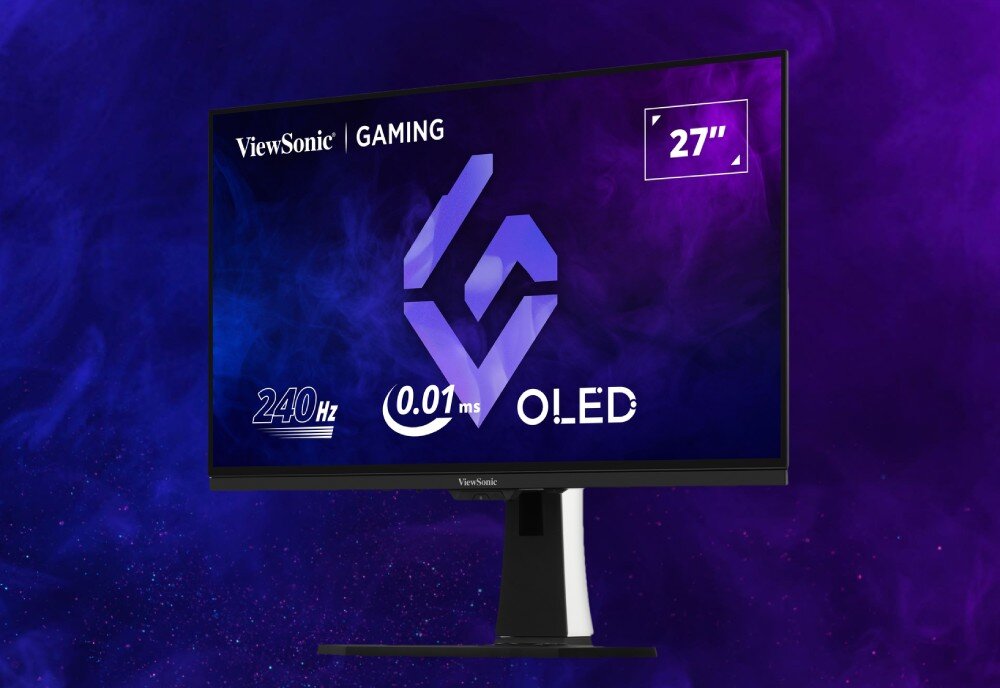 Monitor VIEWSONIC XG272-2K-OLED Monitor przedstawiony pod kątem na tle fioletowego dymu. Na ekranie informacje o przekątnej 27 cali, technologii OLED, czasie reakcji 0.01 ms i częstotliwości 240 Hz, głośniki, dźwięk, mocowanie VESA