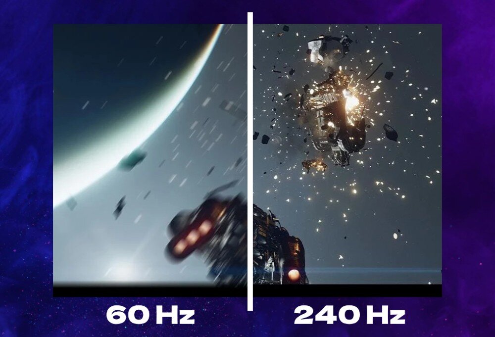 Monitor VIEWSONIC XG272-2K-OLED Porównanie obrazu w dwóch częstotliwościach odświeżania: po lewej stronie rozmazana scena eksplozji w przestrzeni przy 60 Hz, po prawej ta sama scena z wyraźnymi detalami przy 240 Hz, odświeżanie, czas reakcji, płynność