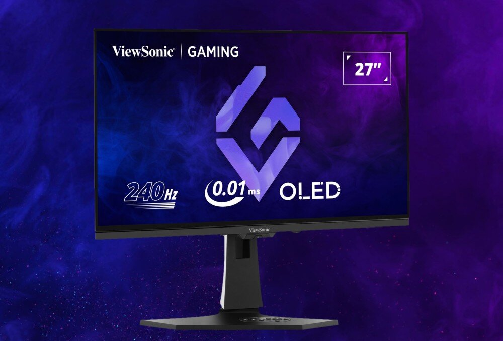 Monitor VIEWSONIC XG272-2K-OLED Monitor na ciemnofioletowym tle z grafiką promującą parametry: OLED, 240 Hz oraz czas reakcji 0.01 ms. W lewym górnym rogu widoczne logo ViewSonic Gaming, ochrona przed wypaleniem