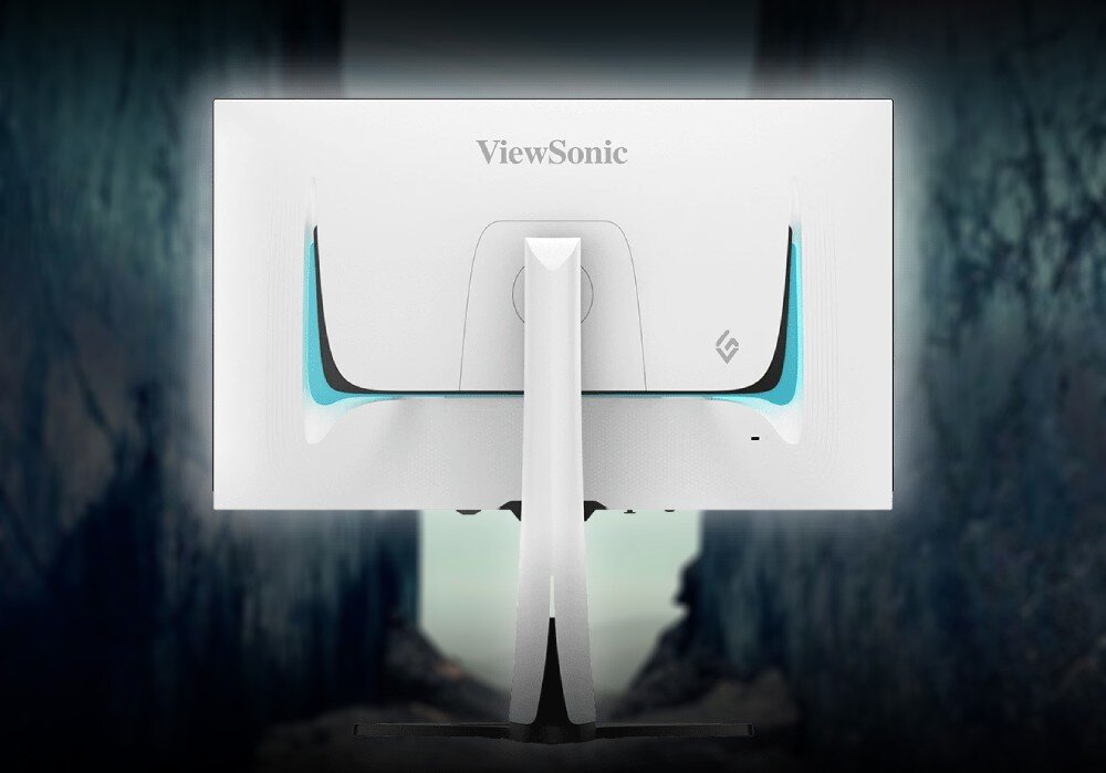 Monitor VIEWSONIC XG272-2K-OLED Widok tylnej części monitora w białej obudowie z łagodnymi liniami. Wbudowane akcenty świetlne w kolorze błękitnym podkreślają ergonomiczny kształt, obudowa, wygląd, styl