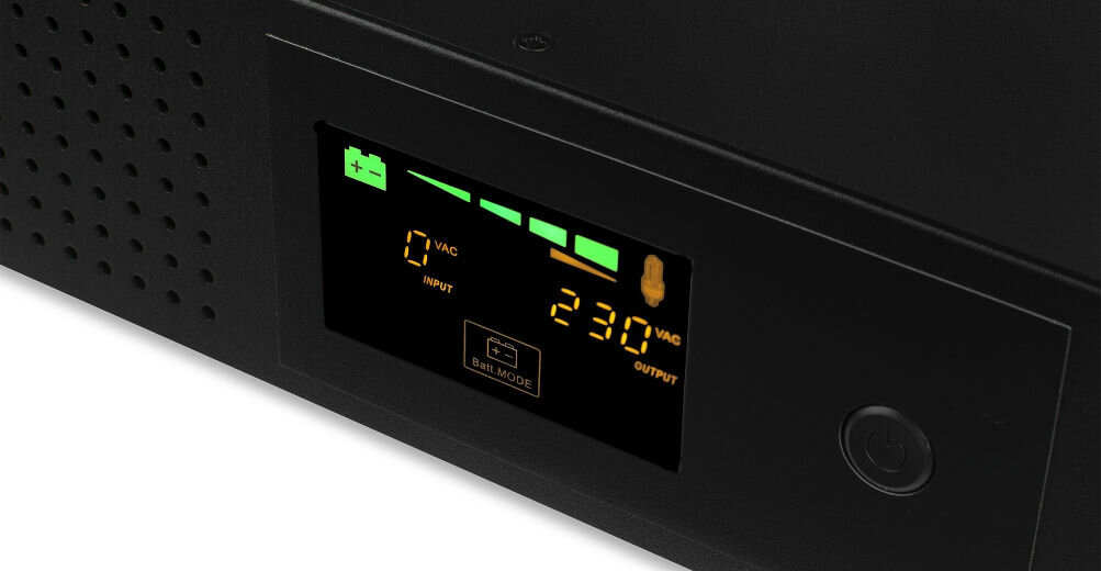 Zasilacz UPS VOLT RackUPS 2000VA 1250W kolorowy wyświetlacz LCD informacja o najważniejszych parametrach możliwość dostosowania ustawień
