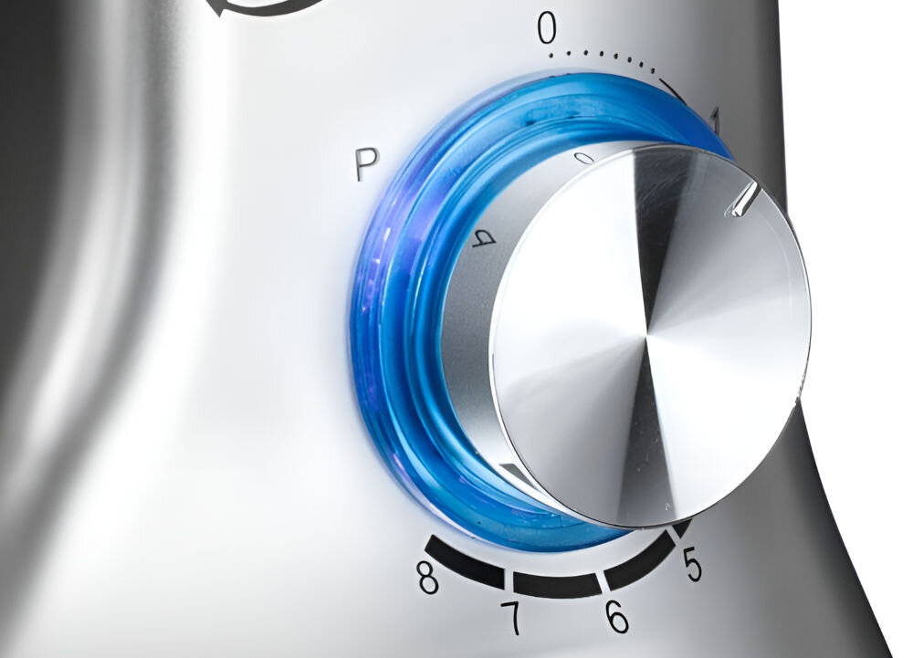 Robot kuchenny planetarny KOLIBER Robomax X-2400-W 2400W Srebrny stylowy design niebieskie podświetlenie LED przyjemna praca trwała obudowa z tworzywa długotrwałe użytkowanie dostępny z pełnym wyposażeniem stalowa misa z osłoną trzy matalowe końcówki niezawodność trwałość