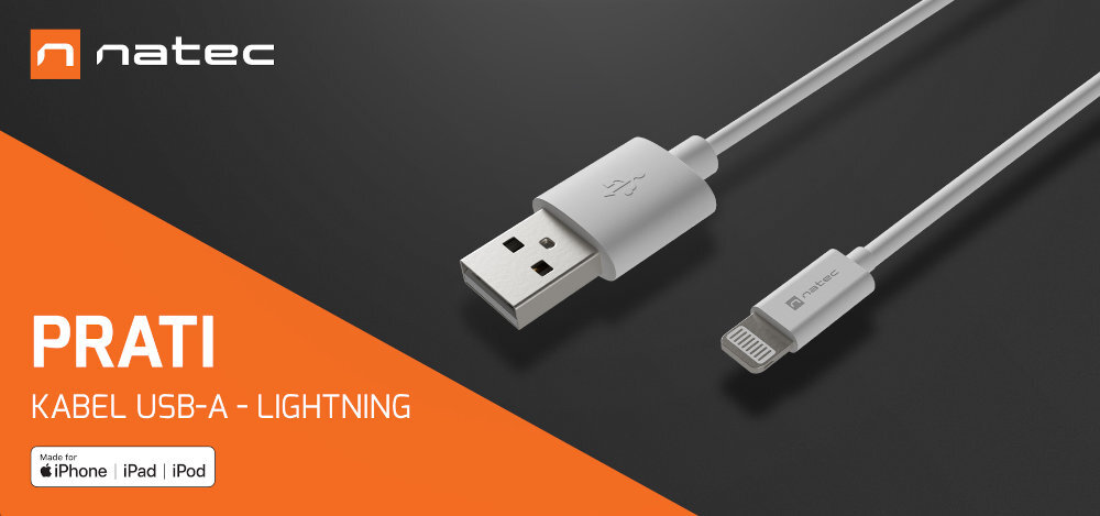 NATEC Prati wtyczkami USB-A oraz lightning iPhone'a podładować sprzęt przetransferować pliki - kabel na czarno-pomarańczowym tle