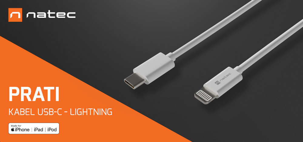 NATEC Prati wtyczkami USB-C oraz lightning iPhone'a podładować sprzęt przetransferować pliki - kabel na czarno-pomarańczowym tle