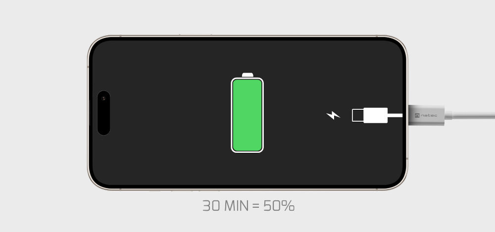 NATEC Prati szybkiego ładowania Apple 30 minut iPhone'a (8 lub nowszego) 50% - telefon w trakcie ładowanie 30 min = 50%