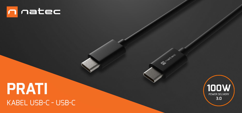 Natec Prati 100 W dwoma wtyczkami USB-C 2 metr - kabel na czarno pomarańczowym tle