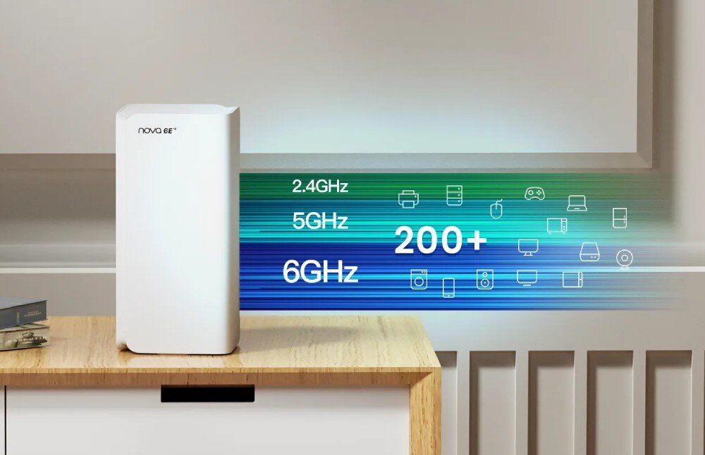 Router TENDA MX21 Pro Biały router mesh stojący na drewnianej półce z wizualizacją trzech pasm częstotliwości 2.4GHz, 5GHz i 6GHz oraz ikonami urządzeń i napisem '200+'