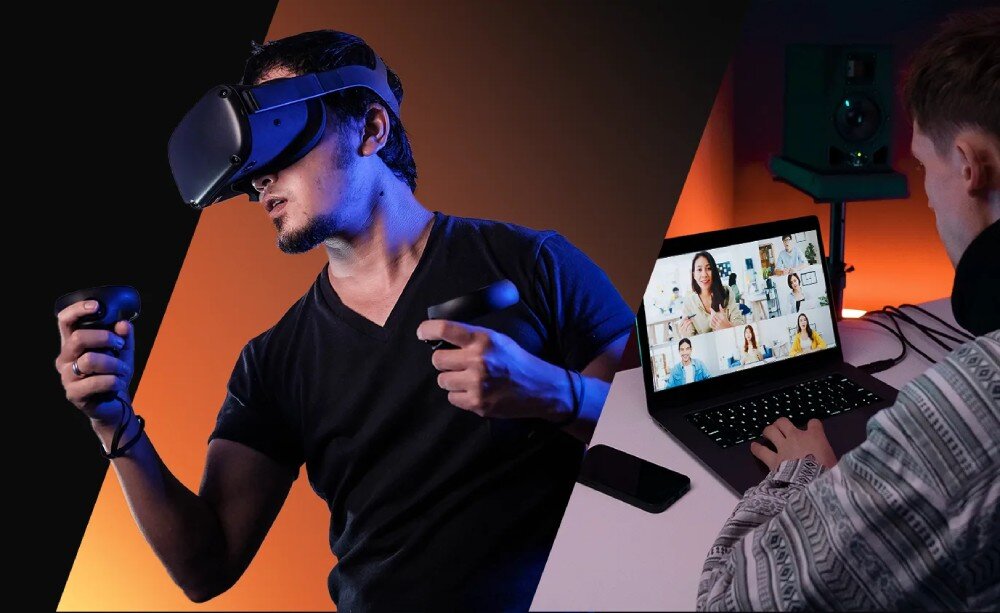 Router TENDA MX15 Pro Podzielony obraz przedstawiający mężczyznę w goglach VR oraz osobę podczas wideokonferencji na laptopie