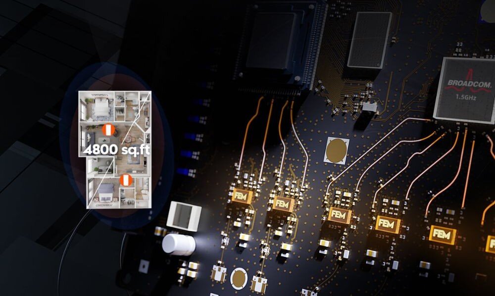 Router TENDA MX15 Pro Płyta główna z układami scalonymi i modułami FEM na tle planu mieszkania z zaznaczonym zasięgiem