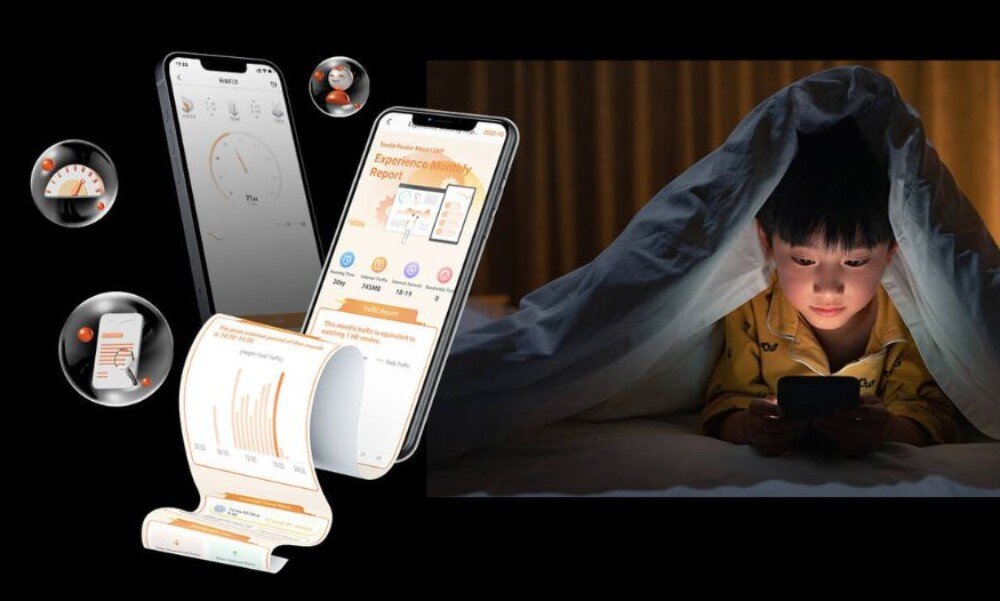 Router TENDA MX15 Pro Interfejs aplikacji z raportami użytkowania nałożony na zdjęcie dziecka korzystającego z telefonu w nocy