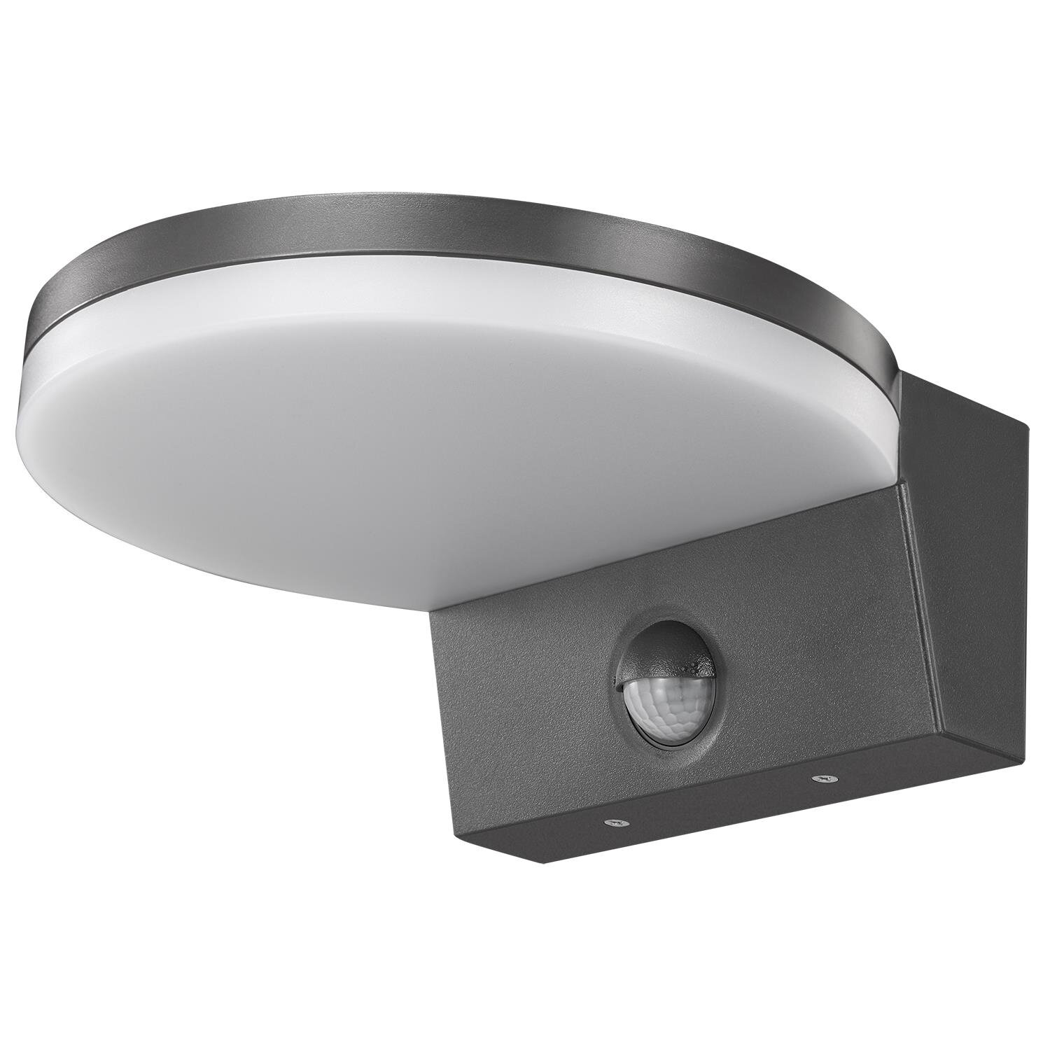 Szara lampa LED z czujnikiem ruchu, o nowoczesnym designie, z półokrągłym kloszem i prostokątną podstawą. Widoczny jest czujnik PIR umieszczony na podstawie lampy.