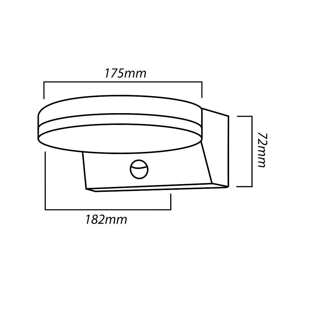 Schematyczny rysunek lampy LED z czujnikiem, z wymiarami: 175mm szerokości, 182mm długości i 72mm wysokości.