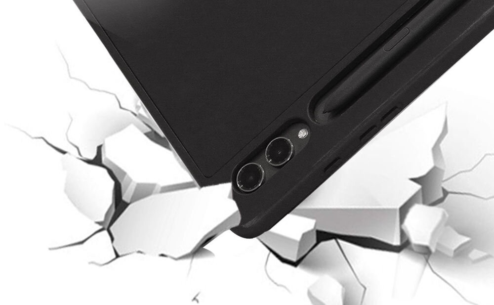 Etui Araree A Folio Sam Tab A9 Plus czarne etui hardcase TPU mikrofibra skóra ekologiczna lekka konstrukcja Zbliżenie na wzmocniony narożnik czarnego etui tabletu, uderzający w pękającą białą powierzchnię, co symbolizuje odporność na upadki.