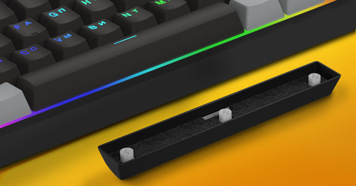 Klawiatura HATOR Rockfall 2 Mecha Signature Edition HTK-521-WWO dodatkowa warstwa dźwiekochłonnej pianki w klawiszu spacji redukcja hałasu i wibracji