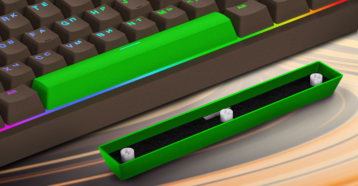 Klawiatura HATOR Rockfall 2 Mecha Tactile Autograph Edition Choco dodatkowa warstwa dźwiekochłonnej pianki w klawiszu spacji redukcja hałasu i wibracji