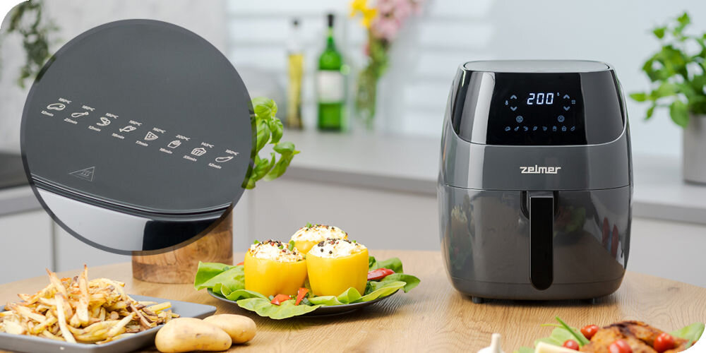 Frytownica ZELMER ZAF5502G 8 różne programy frytki mięso ryby kurczak pieczenie pizza warzywa krewetki ulubione dania szybkie proste przygotowanie programy starannie dopasowane do konkretnego rodzaju potrawy doskonałe posiłki  