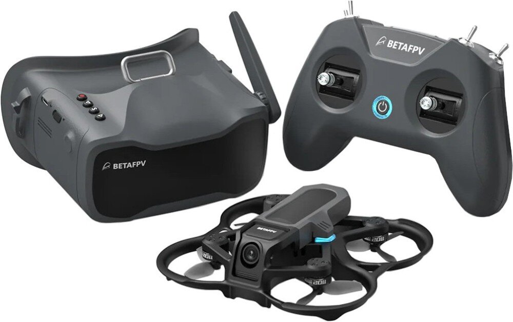 Dron BETAFPV Aquila 16 Czarny dron z osłonami śmigieł widoczny od przodu i góry, prezentujący obiektyw kamery oraz górną pokrywę baterii