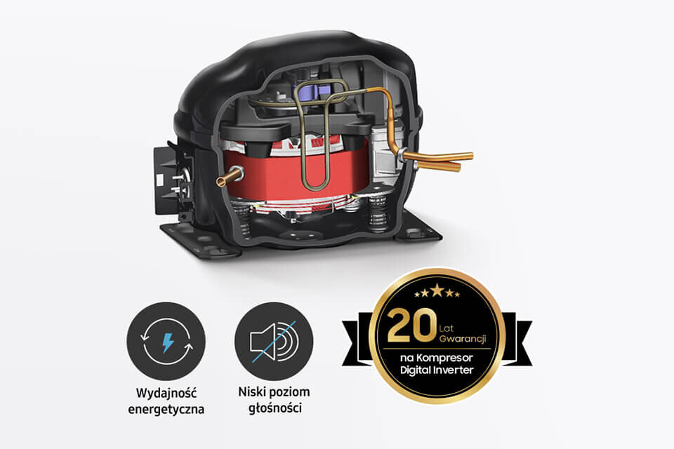 ulepszony kompresor digital inverter z 20-letnią gwarancją dostępny w chłodziarce Samsung z oferty Media Expert ulepszony kompresor digital inverter z 20-letnią gwarancją dostępny w chłodziarce Samsung z oferty Media Expert
