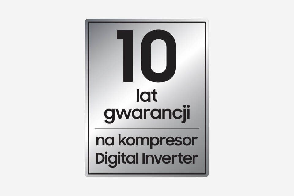 Obraz przedstawia srebrną plakietkę z tekstem: \'10 lat gwarancji na kompresor Digital Inverter\'.