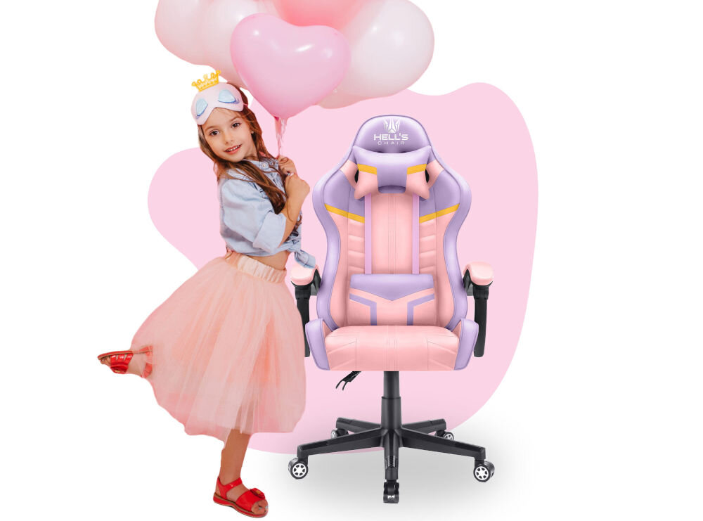 Fotel HELL'S CHAIR HC- 1004 Kids Colorful Różowo-fioletowy prezentacja fotela od przodu na różowo-białym tle przed stojąca dziewczynka z balonami do 120 kg bezpieczne stabilne użytkowanie trwałość wygoda
