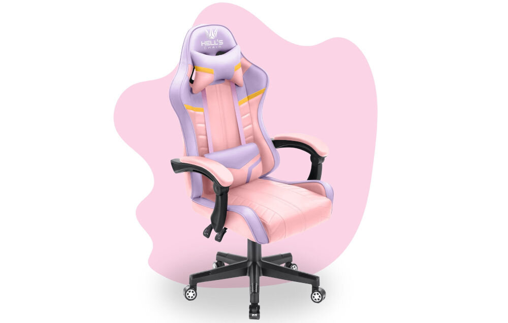 Fotel HELL'S CHAIR HC- 1004 Kids Colorful Różowo-fioletowy prezentacja fotela od przodu pod kątem na różowo-białym tle wyróżniający się design komfort elegancka forma