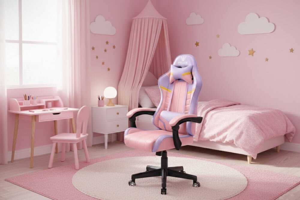 Fotel HELL'S CHAIR HC- 1004 Kids Colorful Różowo-fioletowy prezentacja fotela pod kątem w różowym pokoju dziecięcym