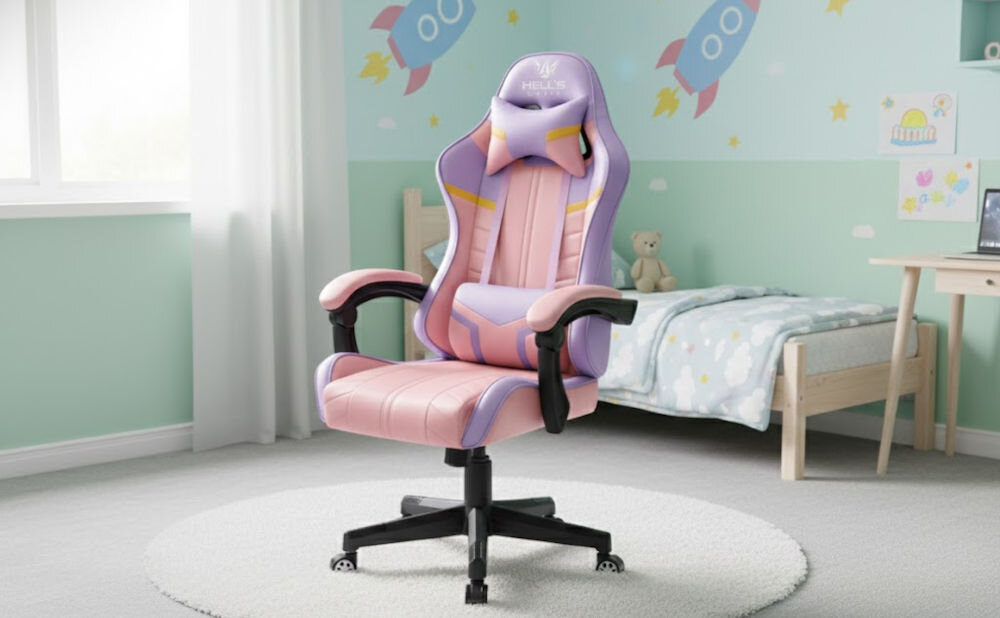Fotel HELL'S CHAIR HC- 1004 Kids Colorful Różowo-fioletowy prezentacja fotela pod kątem w pokoju dziecięcym wzrost optymalne dopasowanie podparcie ciała komfort