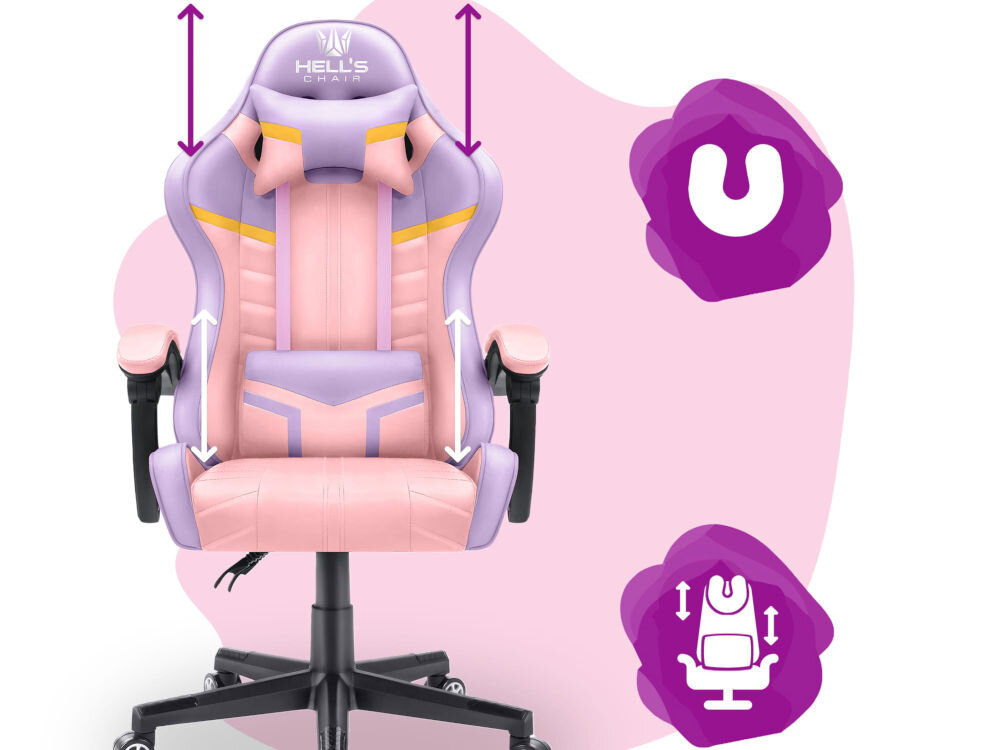 Fotel HELL'S CHAIR HC- 1004 Kids Colorful Różowo-fioletowy prezentacja fotela na różowo-białym tle strzałkami zaznaczona możliwość regulacji poduszek ikony poduszka lędźwiowa poduszka wspierająca mięśnie karku odpowiednie podparcie dla ciała komfort suwak wymiana wypełnienia indywidualne potrzeby