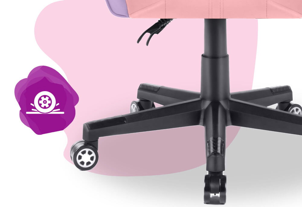 Fotel HELL'S CHAIR HC- 1004 Kids Colorful Różowo-fioletowy zbliżenie na kółka na różowo-białym tle ikona kółek poliuretanowo-kauczukowa powłoka cicha i płynna praca ochrona podłogi
