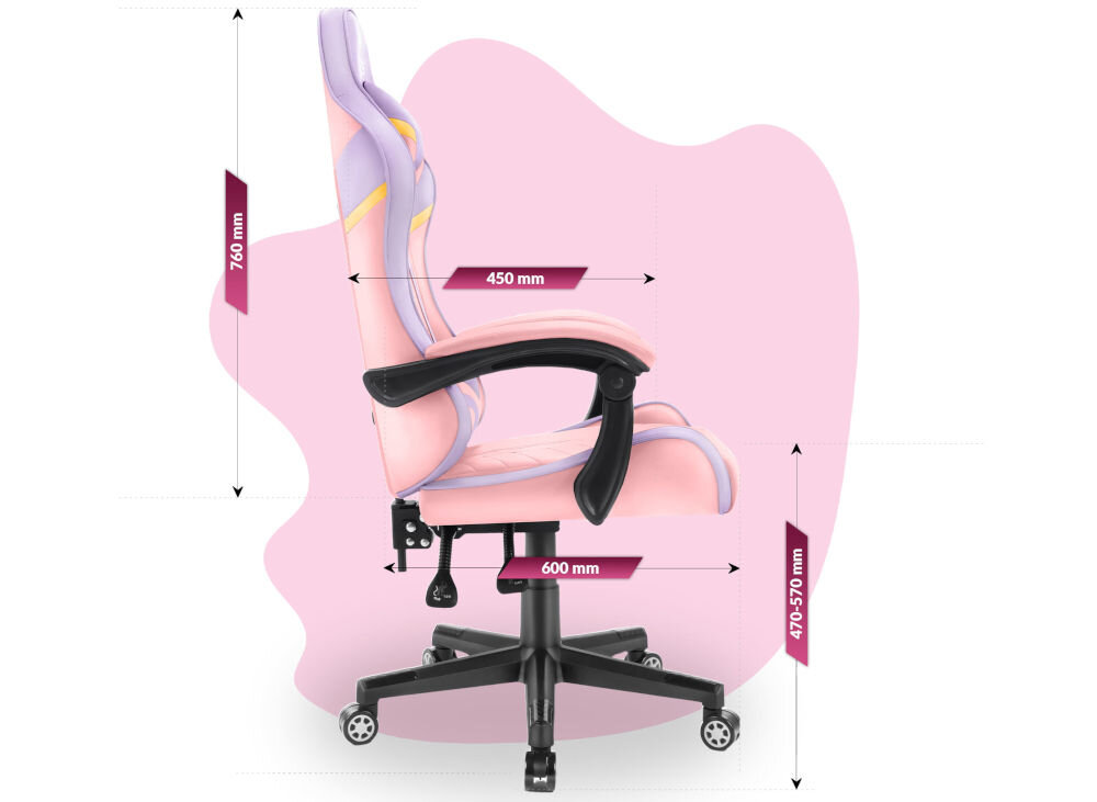 Fotel HELL'S CHAIR HC- 1004 Kids Colorful Różowo-fioletowy prezentacja fotela od boku na białym tle z wymiarami stabilność