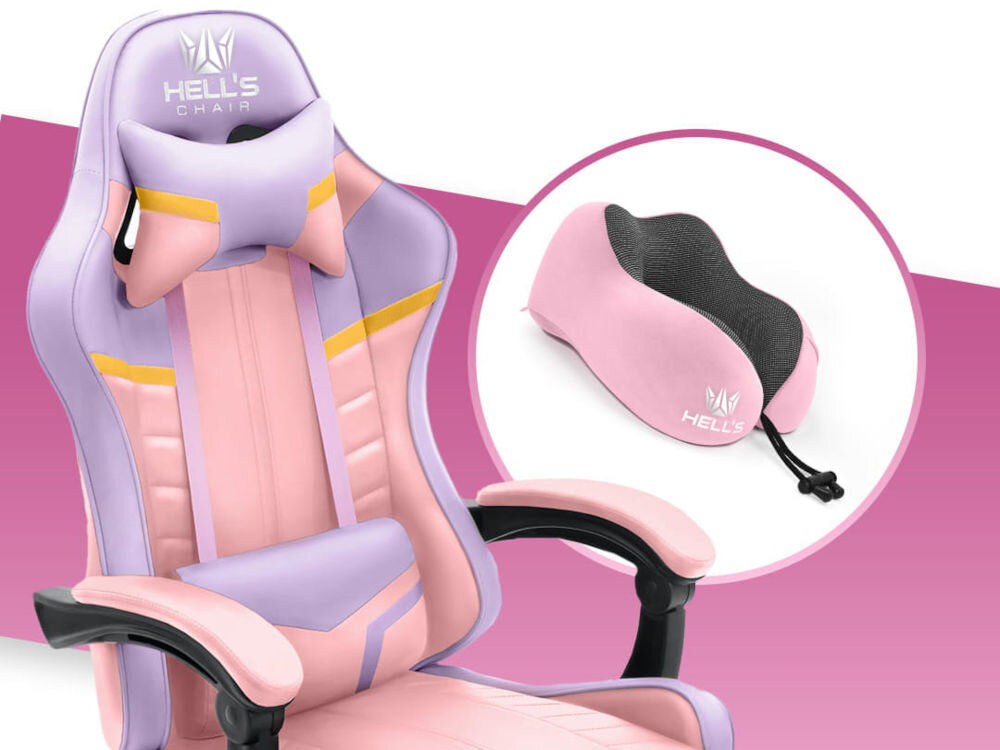 Fotel HELL'S CHAIR HC- 1004 Kids Colorful Różowo-fioletowy prezentacja fotela pod kątem na różowo-białym tle oraz poduszki Memory U profilowana poduszka pianka Memory Foam dopasowanie do kształtu podniesienie poziomu komfortu