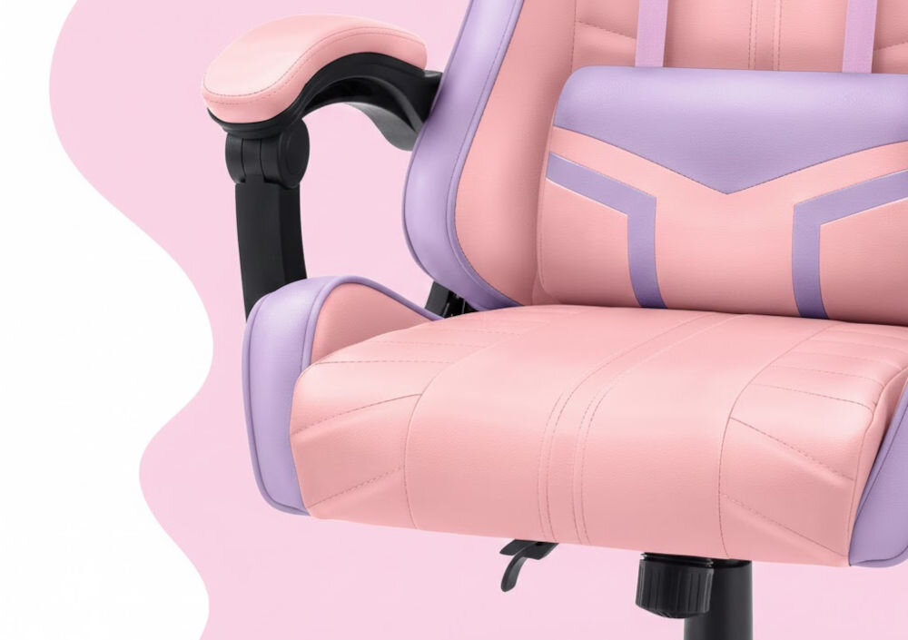 Fotel HELL'S CHAIR HC- 1004 Kids Colorful Różowo-fioletowy zbliżenie na siedzisko i poduszkę fotela różowo-białe tło dbałość o elementy trwała i praktyczna ekoskóra HDPL profilowana poduszka pod lędźwie tapicerowane podłokietniki