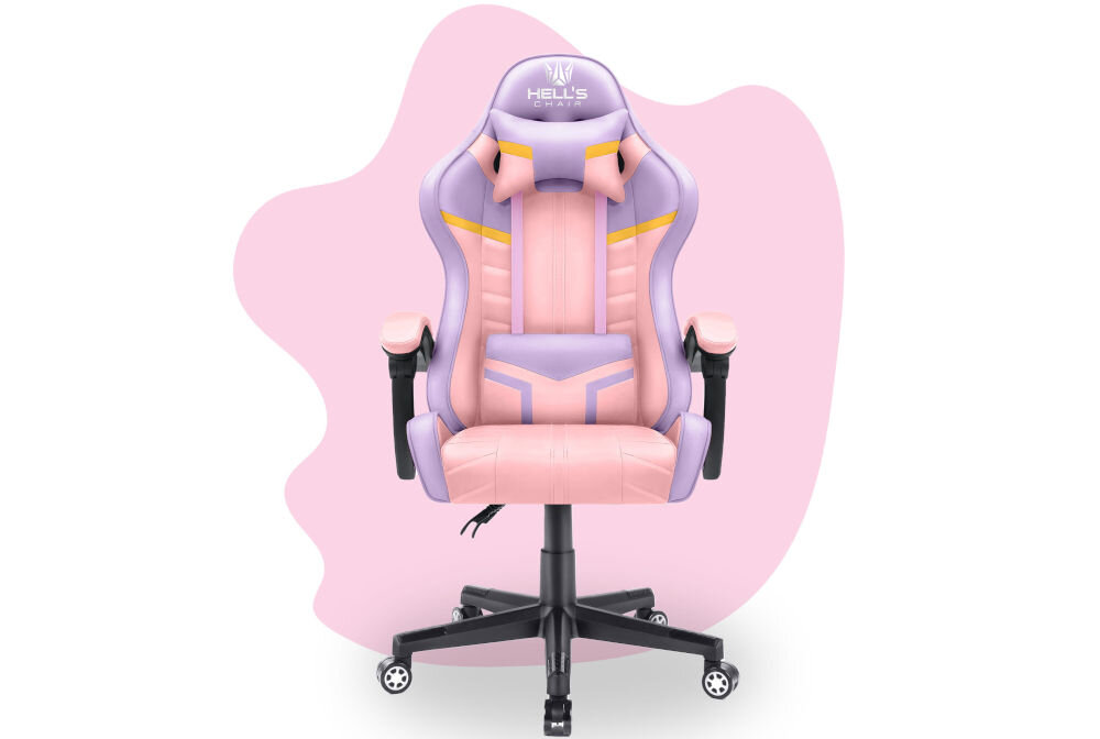 Fotel HELL'S CHAIR HC- 1004 Kids Colorful Różowo-fioletowy prezentacja fotela od przodu na różowo-białym tle solidna konstrukcja wypełnienie z termo-elastycznej pianki Free Air zimnej pianki CF sprzyja utrzymaniu prawidłowej postawy