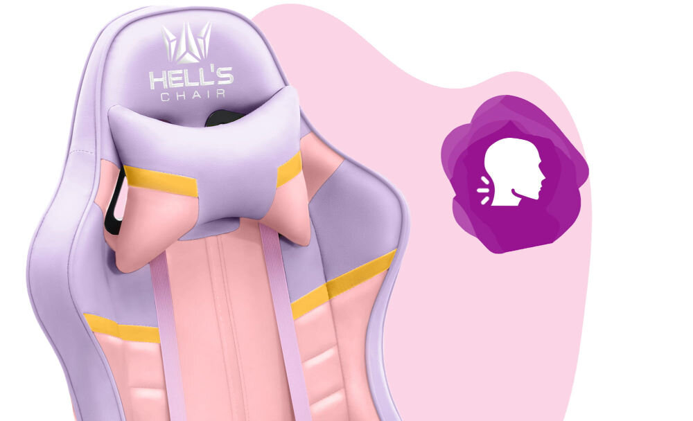 Fotel HELL'S CHAIR HC- 1004 Kids Colorful Różowo-fioletowy zbliżenie na oparcie i poduszkę na różowo-białym tle ikona wyprofilowana poduszka wsparcie głowy i mięśni karku komfort suwak indywidualny poziom miękkości