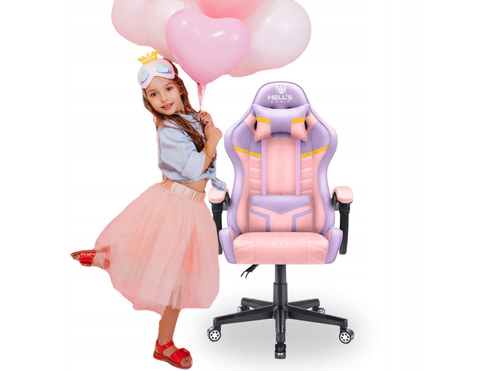 Fotel HELL'S CHAIR HC- 1004 Kids Colorful Różowo-fioletowy prezentacja fotela od przodu na białym tle przed stojąca dziewczynka z balonami wyprofilowany kształt oparcia zapobieganie dolegliwościom bólowym kręgosłupa utrzymanie prawidłowej postawy komfort
